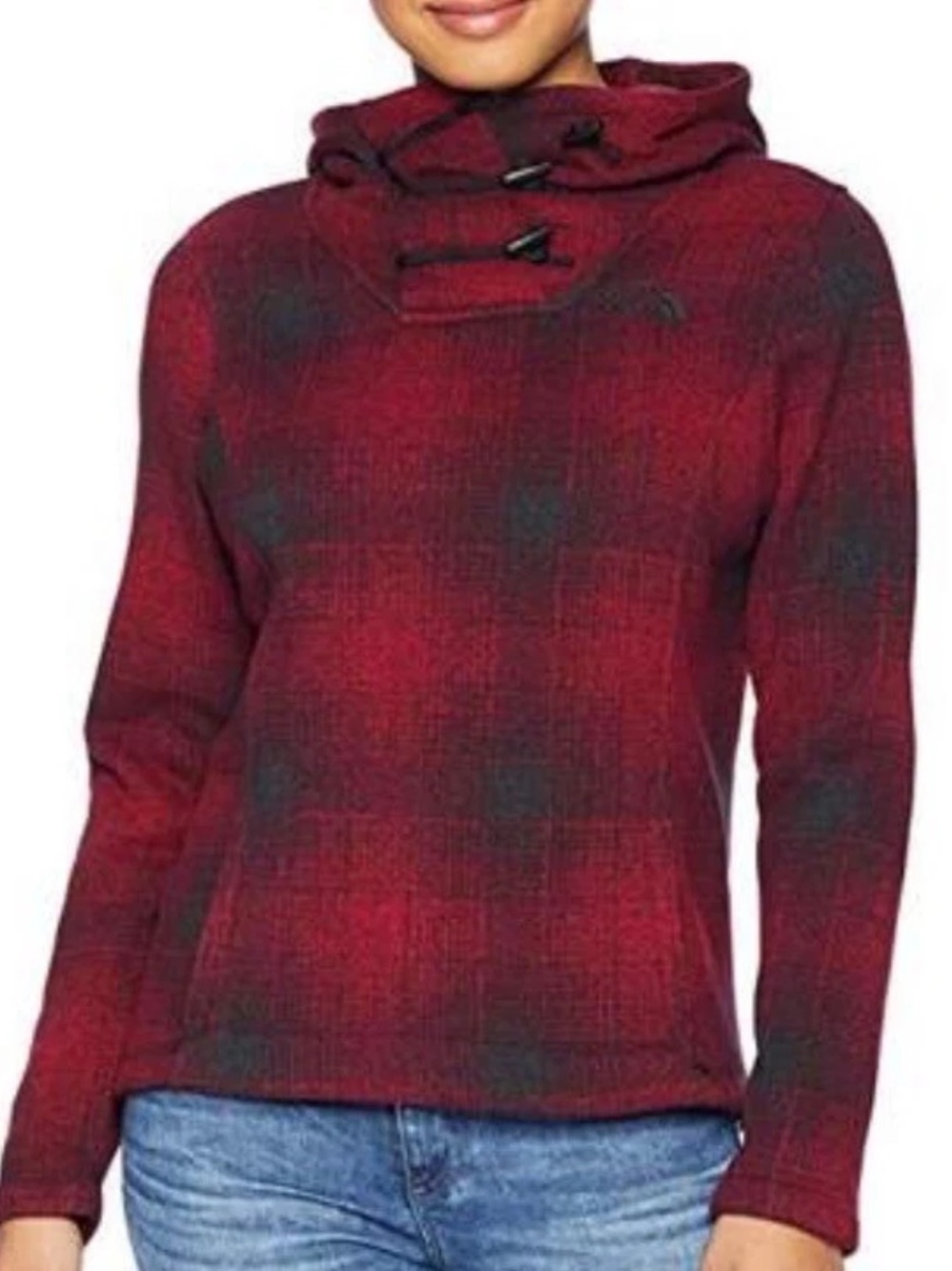 The North Face red plaid pullover fleece hoodie jacket L